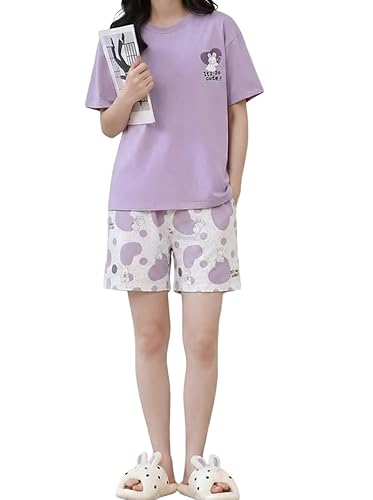 Lunza Women's Cotton Blend Pajama Set, Short Sleeve T-Shirt and Shorts, Cute Bear Print Nightwear